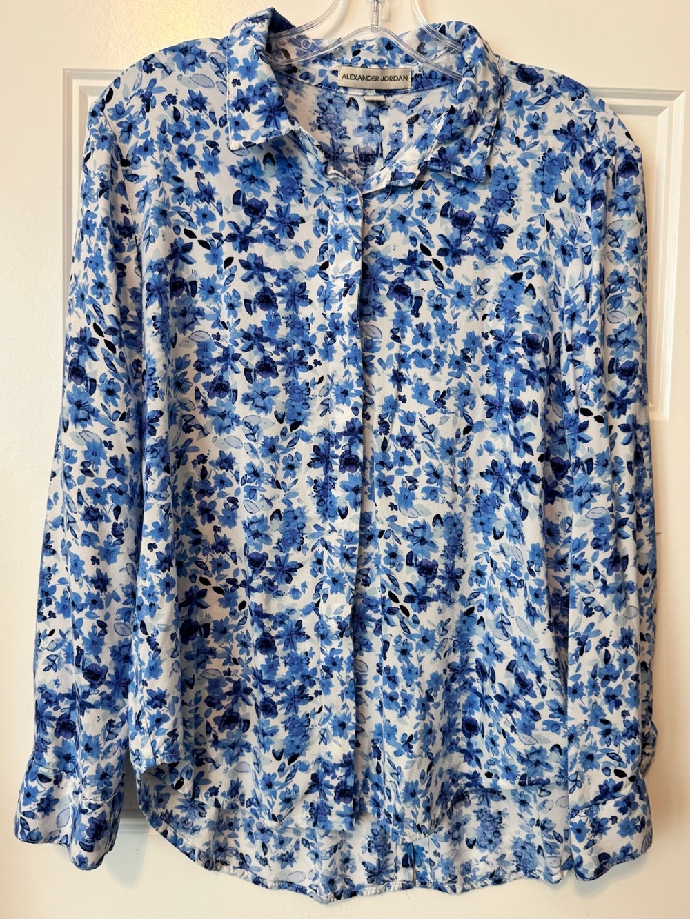 Alexander Jordan Blue Floral Button Front Blouse Top Size L Career Cottagecore